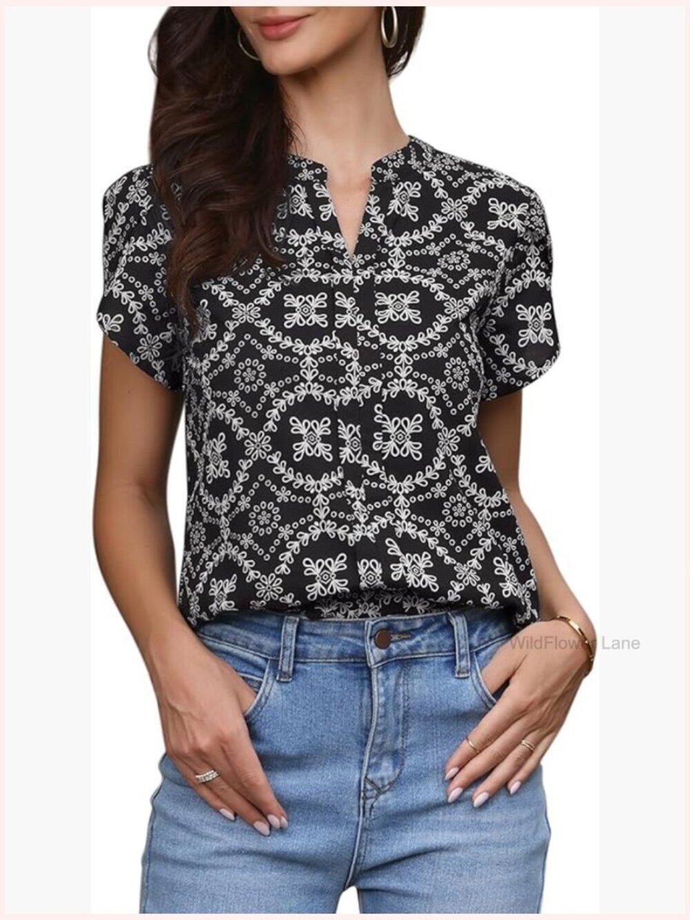 V Neck Embroidery Eyelet Petal Short Sleeve Office Blouse